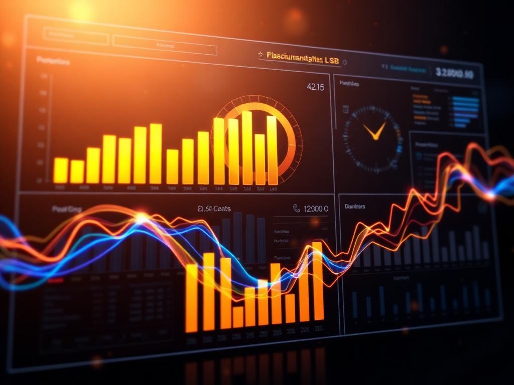 Executive analytics dashboard with flowing data